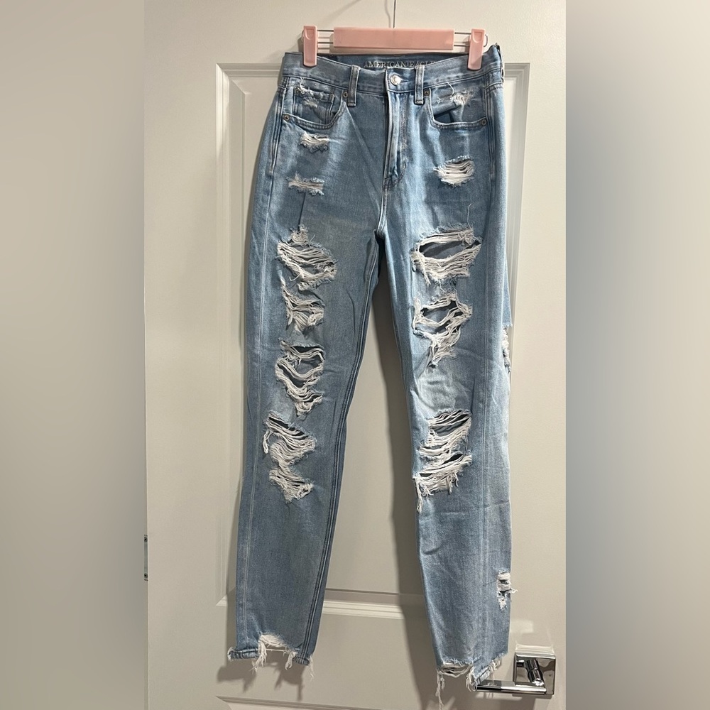 Destroyed raw hem mom jeans